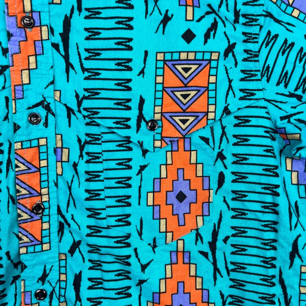 Wrangler Cowboy Cut Aztec Western Shirt Mens 16.5-35 Turquoise Geometric Cotton - Picture 3 of 12